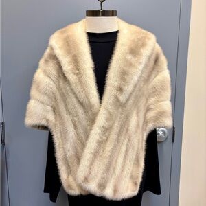 Vintage Mink Fur Stole Cream Beige Cape Wrap Satin Lined Monogram